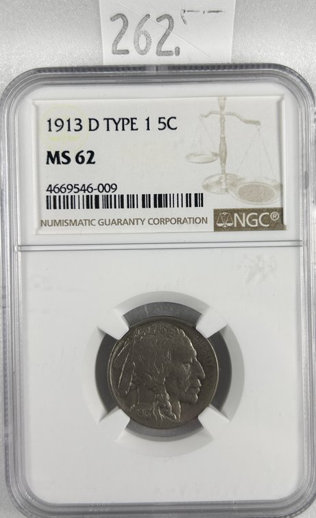 1913-D Type 1 Buffalo Nickel NGC MS62 (first year).