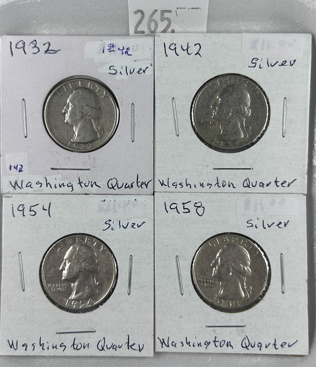 (4) 90% Silver Washington Quarters: 1932 (first year), 1942, 1954, 1958.
