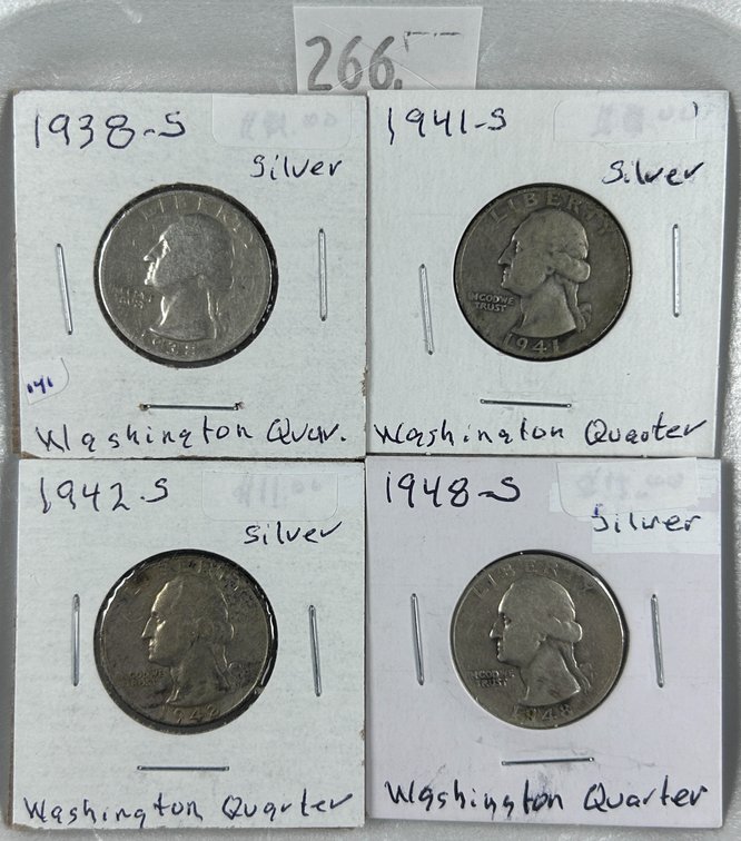 (4) 90% Silver Washington Quarters: 1938-S, 1941-S, 1942-S, 1948-S.