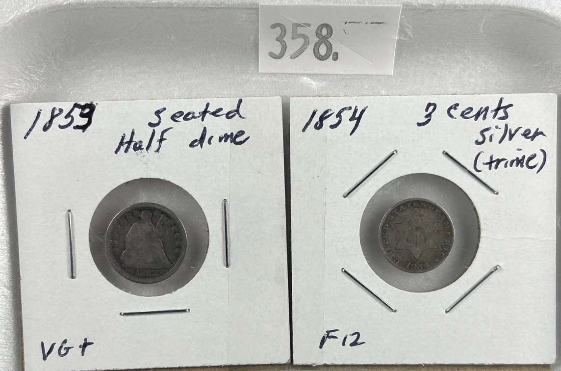 1853 Seated Liberty Half Dime VG+. 1854 3-Cents Silver (Trime) F-12.