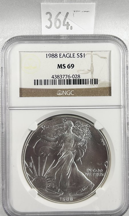 1988 Silver Eagle NGC MS69. One Troy Oz. .999 Silver.