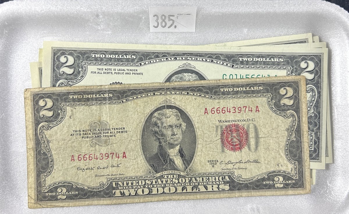 Series 1953B $2 U.S. Note. (5) Consecutive Series 2013 $2 Federal Reserve Notes.