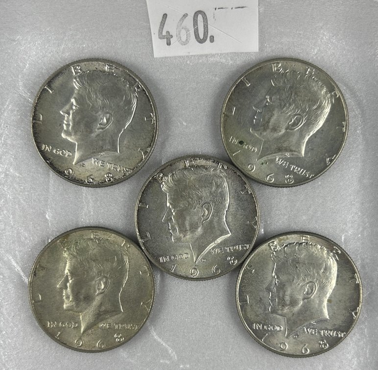 (5) 1968 40% Silver Kennedy Half Dollars.