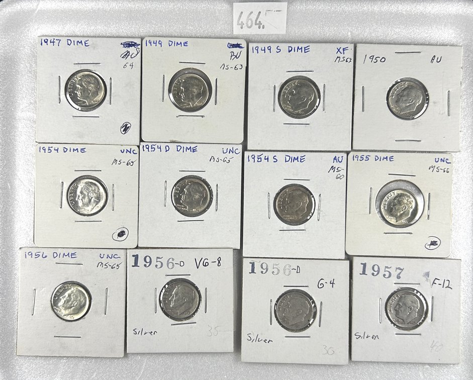 (12) 90% Silver Roosevelt Dimes: 1947, 1949,