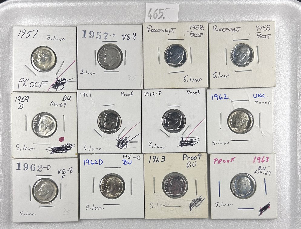 (12) 90% Silver Roosevelt Dimes: 1957, 1957-D,