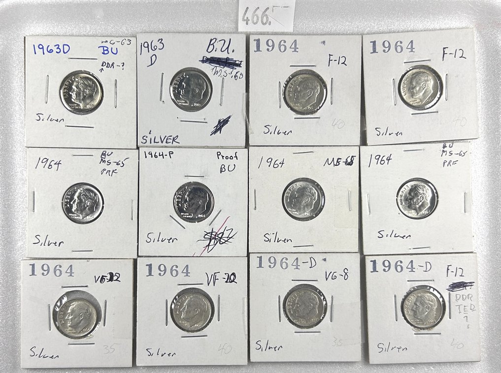 (12) 90% Silver Roosevelt Dimes: (2) 1963-D,