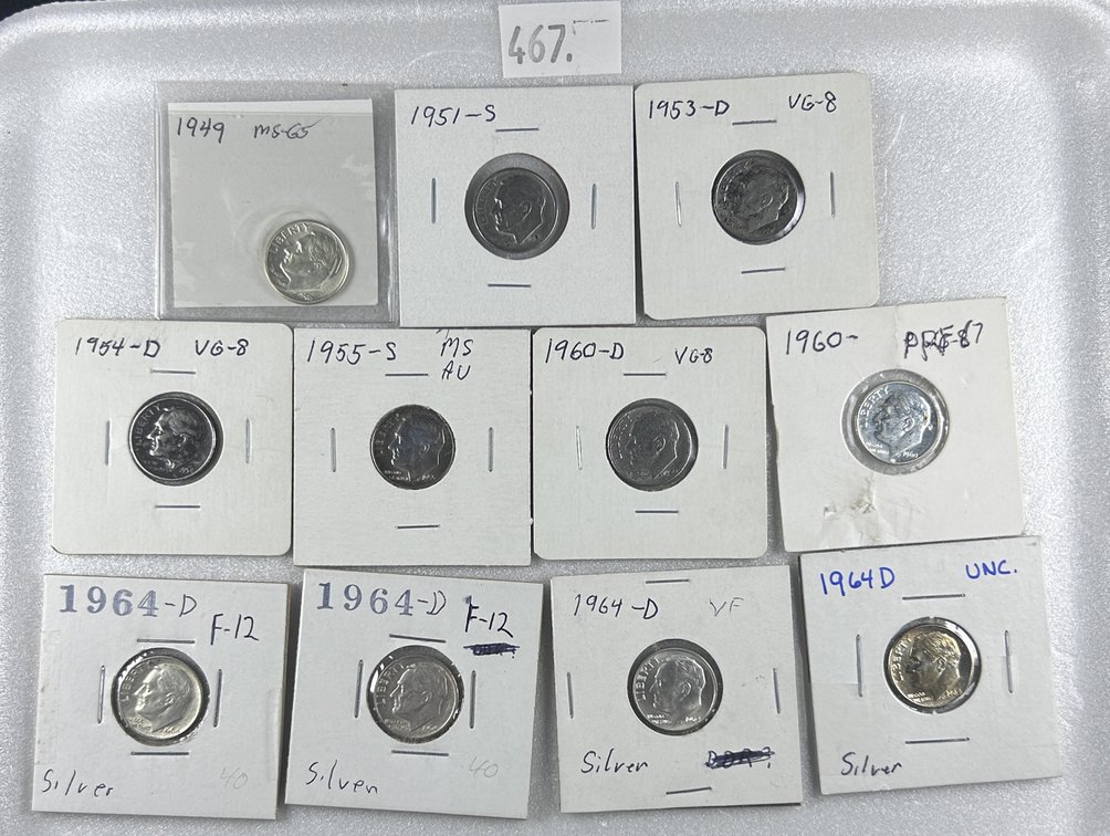 (11) 90% Silver Roosevelt Dimes: 1949, 1951-S, 1953-D,