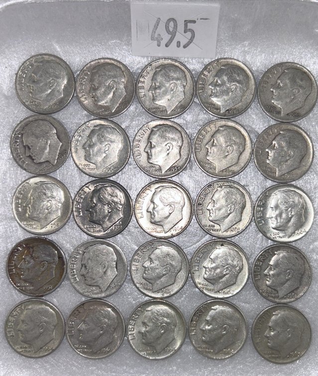 (25) 90% Silver Roosevelt Dimes: various years and conditions.