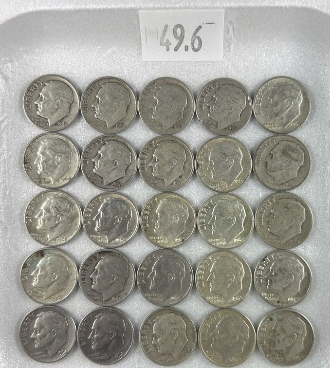 (25) 90% Silver Roosevelt Dimes: various years and conditions.