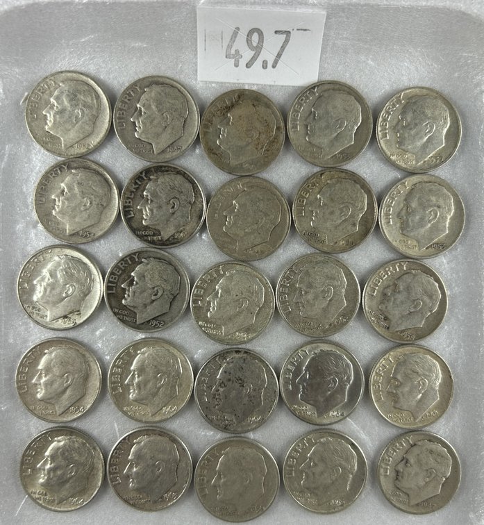 (25) 90% Silver Roosevelt Dimes: various years and conditions.