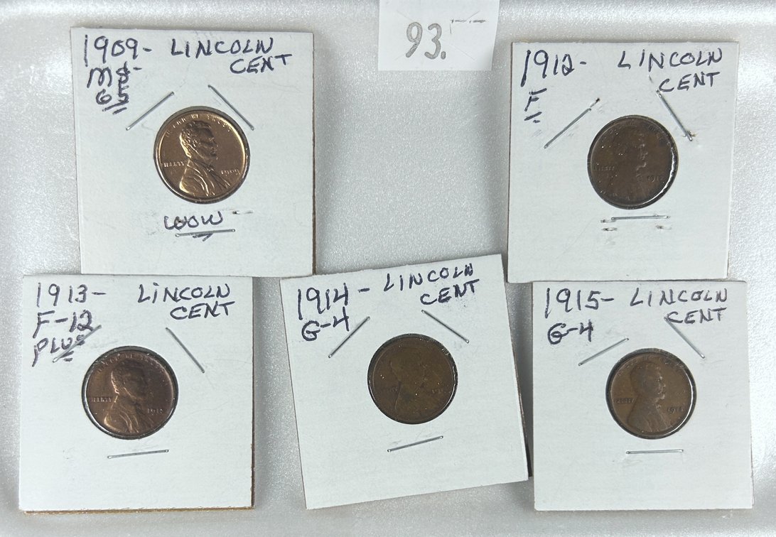 (5) Lincoln/Wheat Cents: 1909, 1912, 1913, 1914, 1915.
