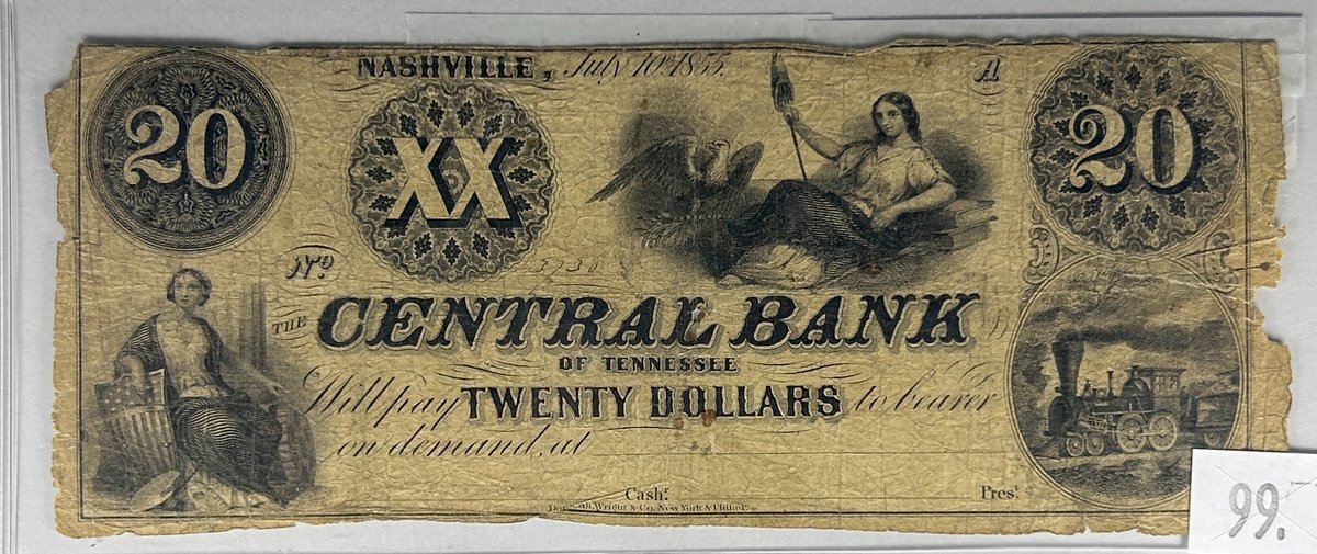 July 10th. 1855 $20 The Central Bank of Tennessee Note.