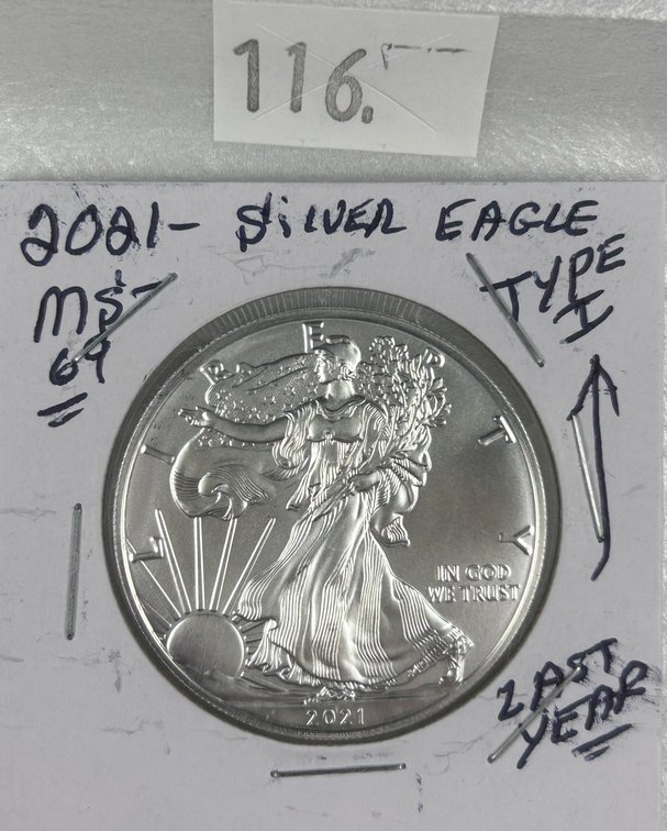 2021 Silver Eagle One Troy Oz. .999 Silver MS (Heraldic Eagle, last year).