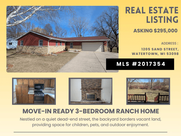 Image for 1205 Sand St. Watertown, WI 3-bdrm Ranch Home Conventional