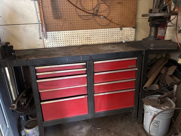 Image for Steel top workbench, vise, craftsman box attatched and contents of drawers