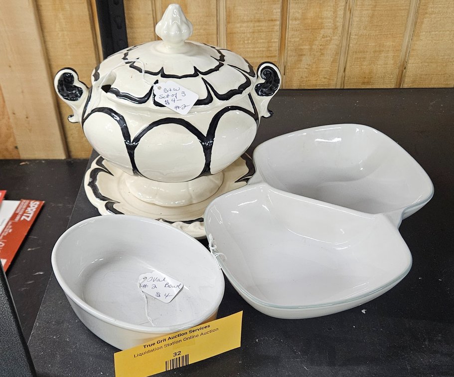 Ceramic Soup Tureen Set and White Serving Dishes