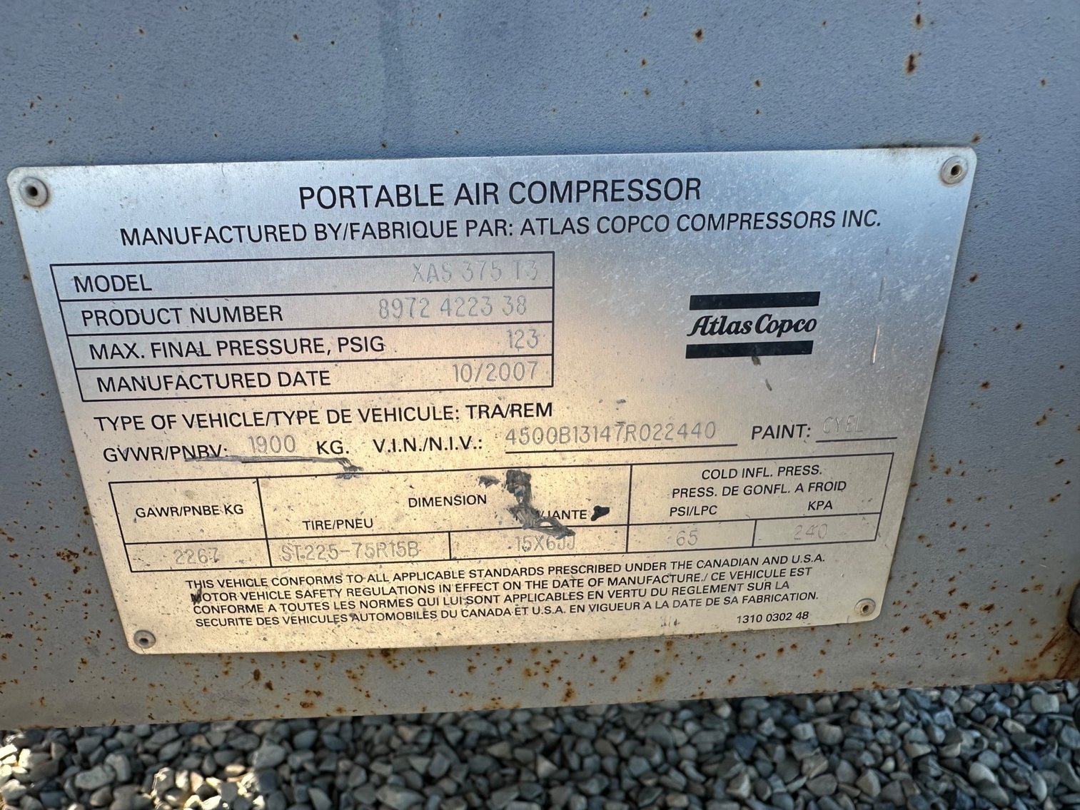 Image for 2007 Atlas Copco XAS 375 T3 S/A Air Compressor