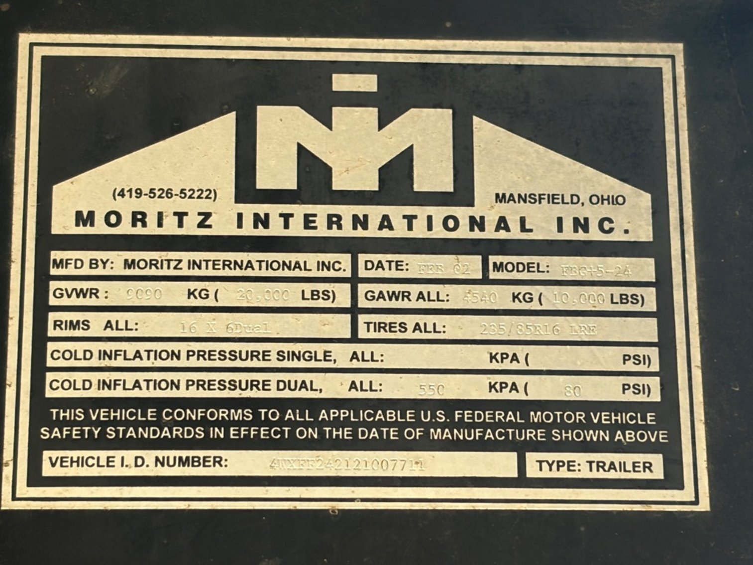 Image for 2002 MORITZ INTERNATIONAL fbg+5-24 DUAL TANDEM GOO