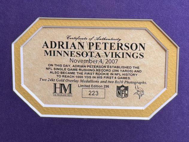 Image for Adrian Peterson - Single Game Rushing Record Framed Commemorative Photographs (Limited 296) 17.5” x 25.5”