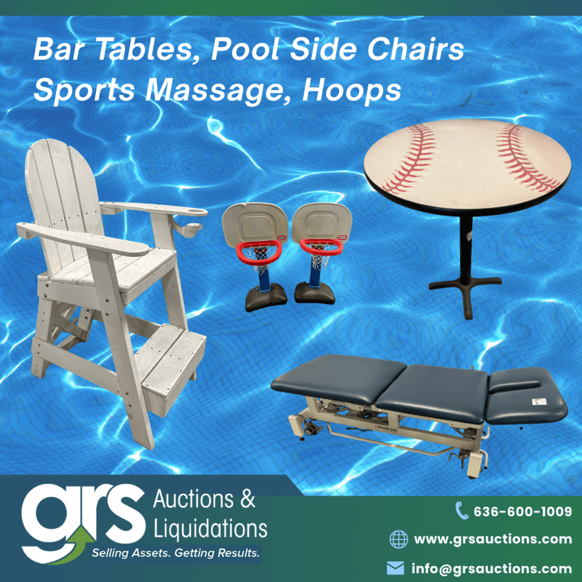 Bar Tables, Pool Side Chairs, Massage Tables & Hoops