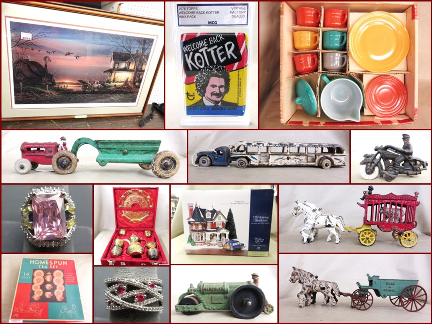 Image for Cast Iron Toys, New Fabric, Jewelry, Child's Dishes and Antiques (pink tag)