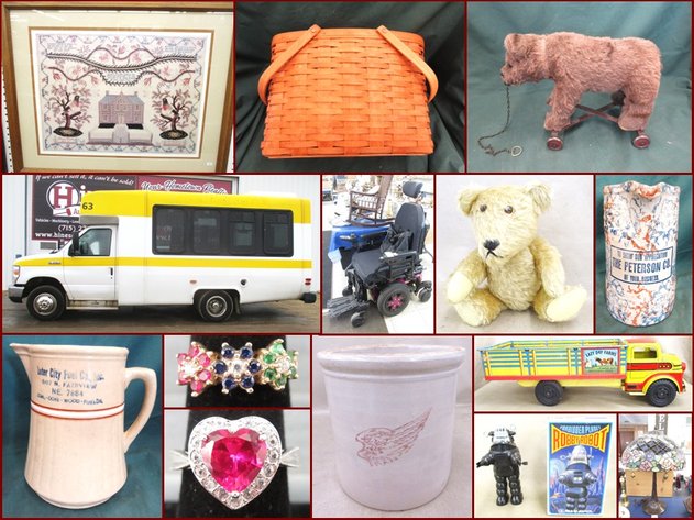 2017 Ford E350 Shuttle Bus, Electric Wheel Chair, Pottery, Jewelry and Antiques (pink tag)