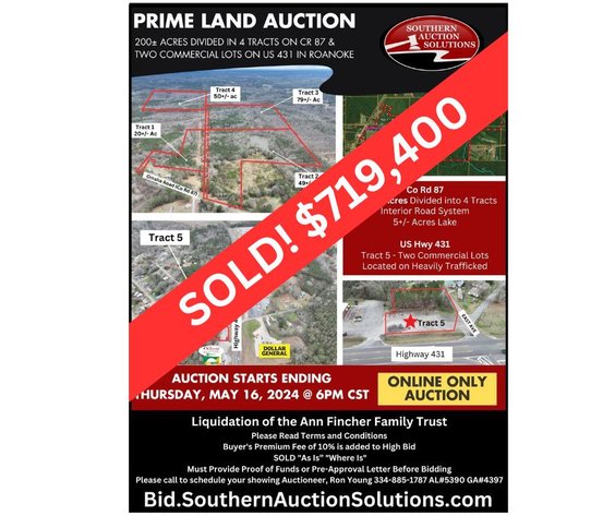 Image for Prime Land Auction - Randolph County, AL: 200± Acres divided in 4 Tracts on CR 87 | Two Commercial Lots on US 431 in Roanoke