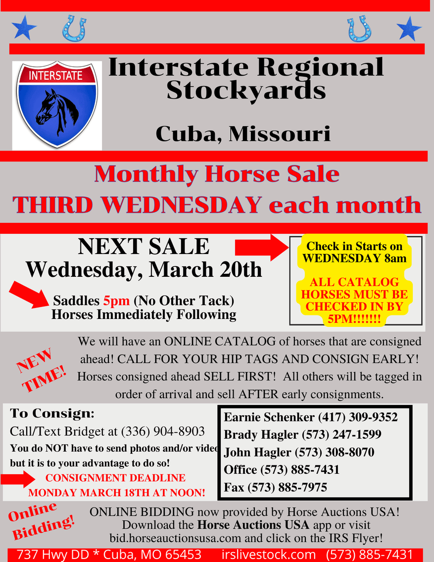 Image for Interstate Regional Stockyards Horse Sale - Cuba, Missouri WEDNESDAY March 20th