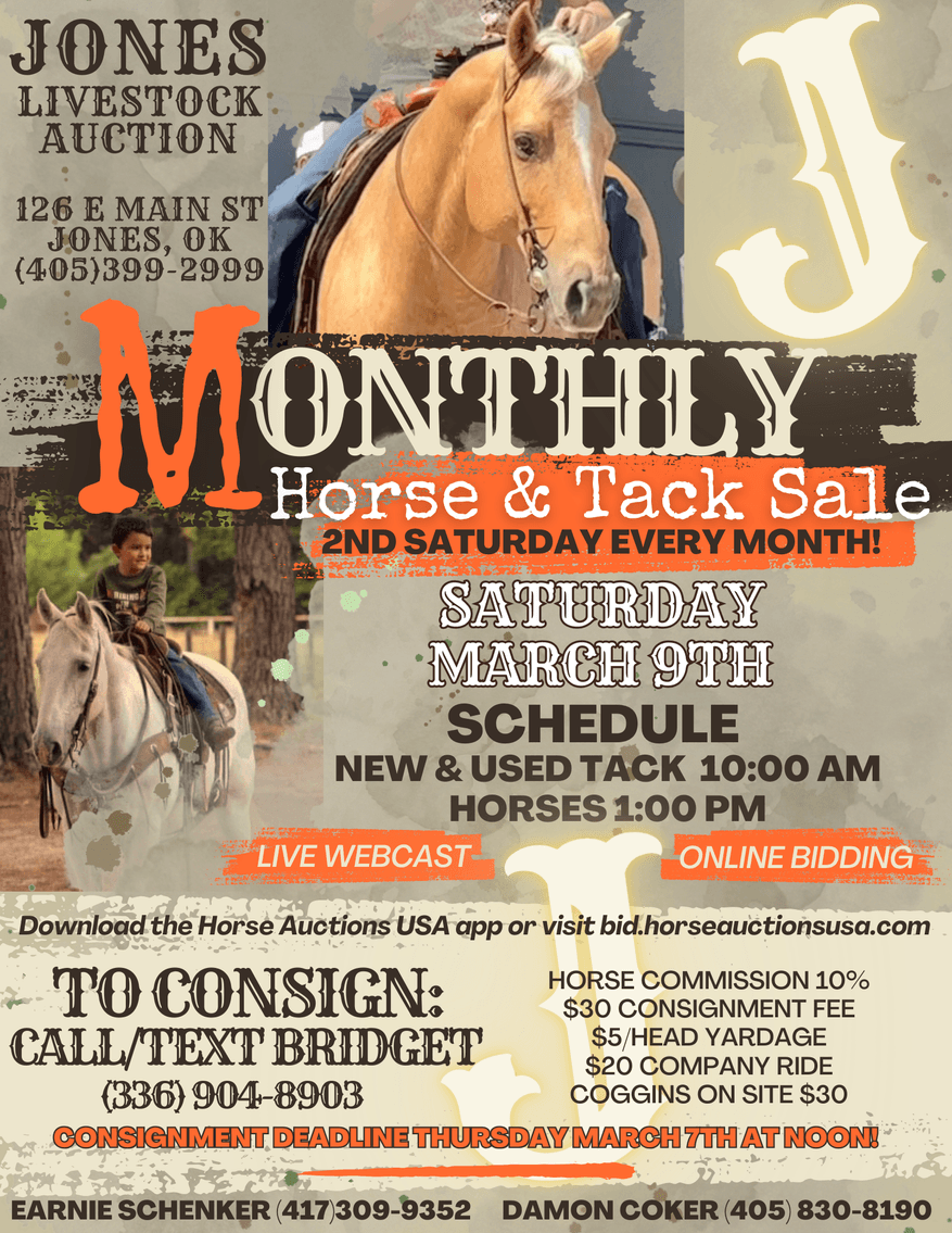 Image for Jones Livestock Auction MONTHLY HORSE & TACK SALE!   Saturday, March 9th!