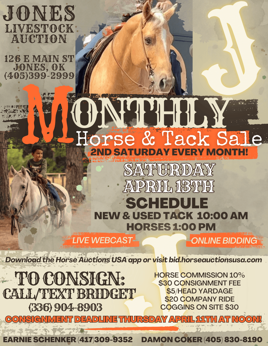 Image for Jones Livestock Auction MONTHLY HORSE & TACK SALE!   Saturday, April 13th!