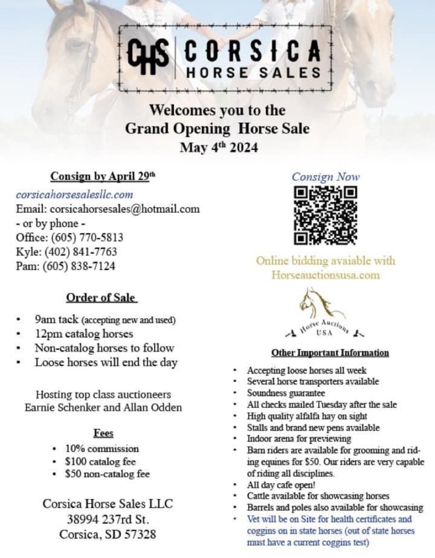 Image for Corsica Horse Sales Grand Opening Sale - SATURDAY, MAY 4TH - Corsica, South Dakota