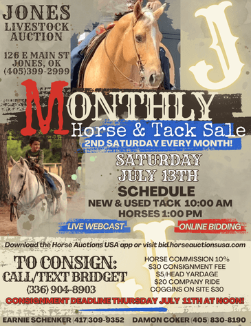 Image for Jones Livestock Auction MONTHLY HORSE & TACK SALE!   Saturday, July 13th!