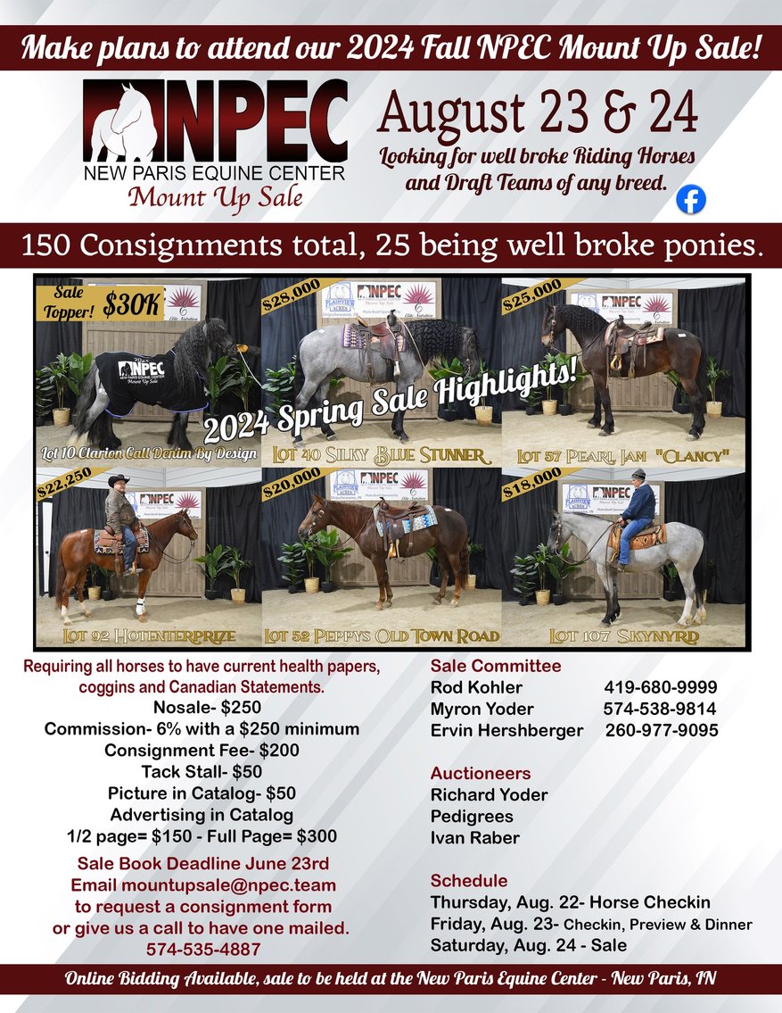 Image for NPEC Mount Up Sale - New Paris, Indiana - SALE DAY SATURDAY, AUGUST 24TH!