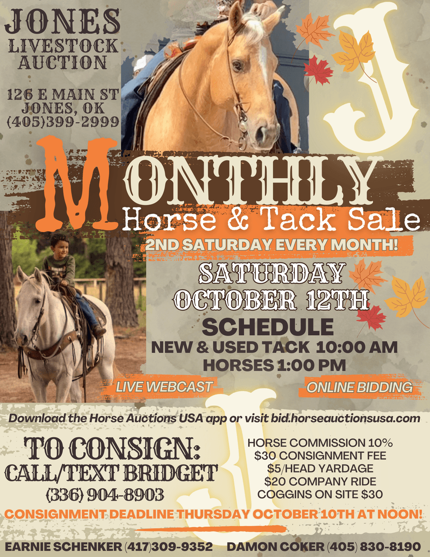 Image for Jones Livestock Auction MONTHLY HORSE & TACK SALE!   Saturday, October 12th!