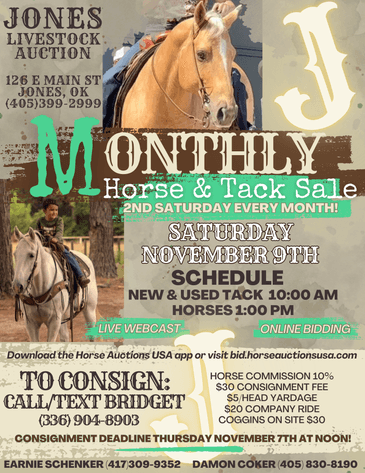 Image for Jones Livestock Auction MONTHLY HORSE & TACK SALE!   Saturday, November 9th!