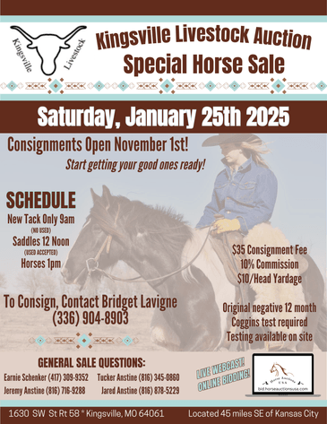 Image for Kingsville Livestock Auction Special Horse Sale - SATURDAY, JANUARY 25TH - Kingsville, MO