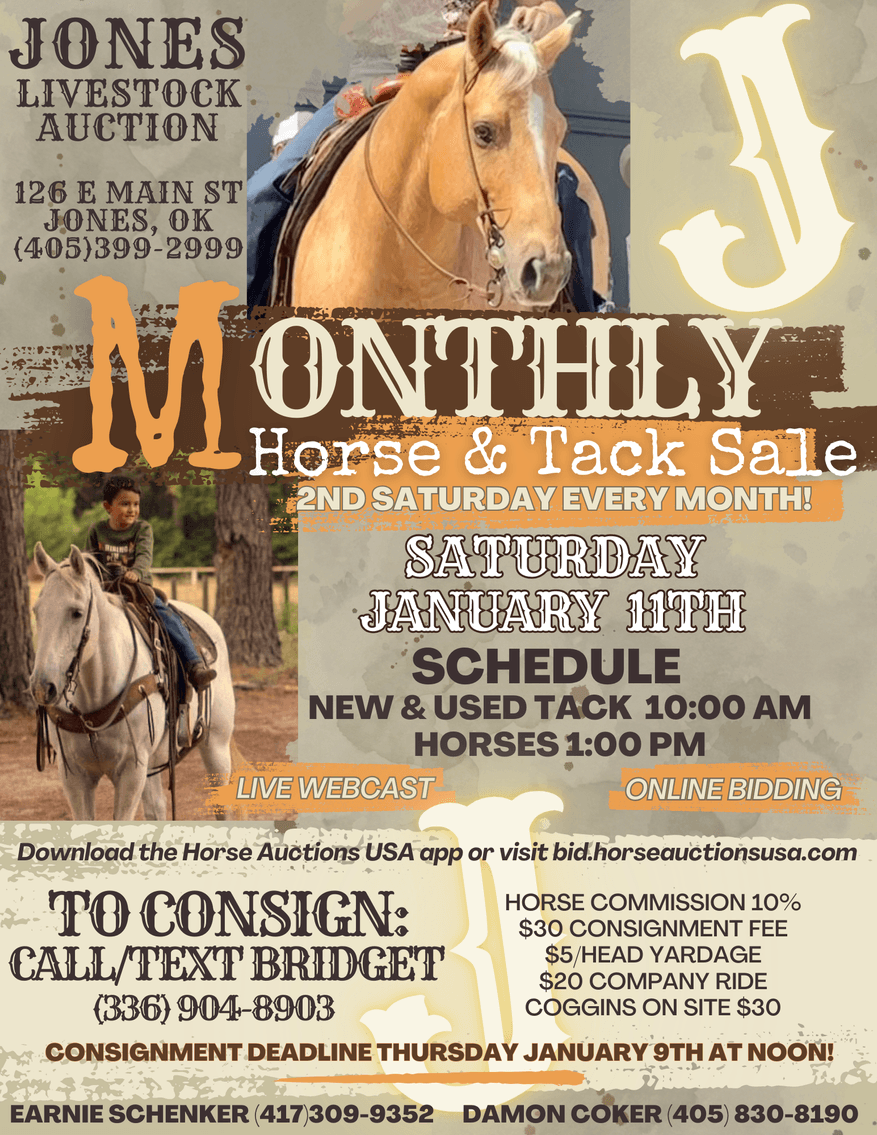 Image for Jones Livestock Auction MONTHLY HORSE & TACK SALE!   SATURDAY, JANUARY 11TH!