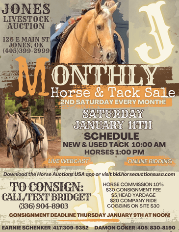 Image for Jones Livestock Auction MONTHLY HORSE & TACK SALE!   SATURDAY, JANUARY 11TH!