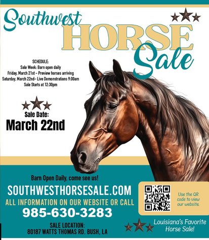 Image for Southwest Horse Sale Spring Catalog Sale - SATURDAY MARCH 22ND - Bush, LA