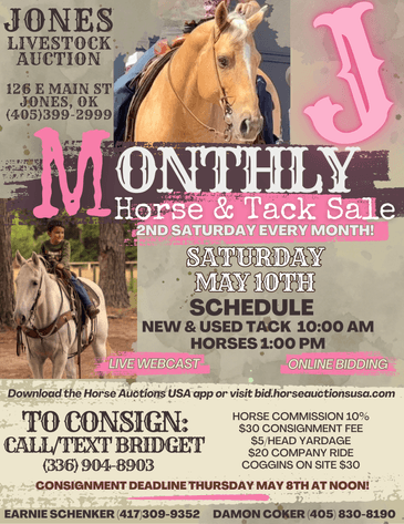 Image for Jones Livestock Auction MONTHLY HORSE & TACK SALE!   SATURDAY, MAY 10TH!