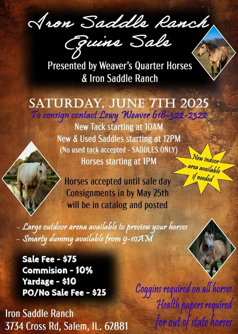 Image for Iron Saddle Ranch Equine Sale - SATURDAY, JUNE 7TH - Salem, IL