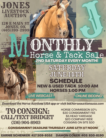 Image for Jones Livestock Auction MONTHLY HORSE & TACK SALE!   SATURDAY, JUNE 14TH!