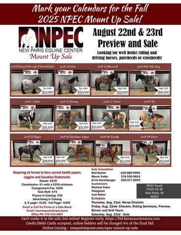 Image for NPEC Mount Up Fall Sale - New Paris, Indiana - SALE DAY SATURDAY, AUGUST 23RD