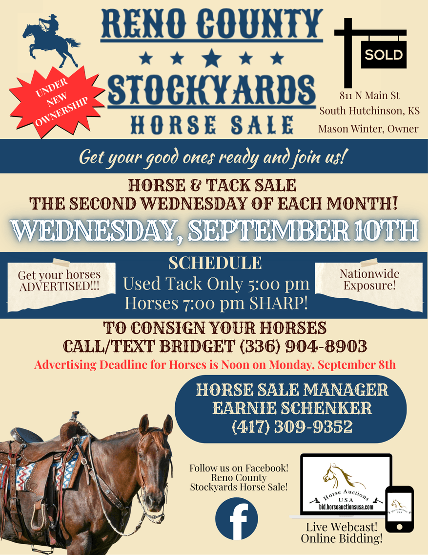 Image for Reno County Stockyards Horse Sale WEDNESDAY, SEPTEMBER 10TH - South Hutchinson, KS