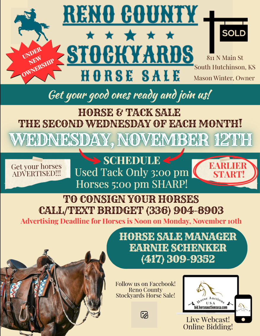 Image for Reno County Stockyards Horse Sale WEDNESDAY, NOVEMBER 12TH - South Hutchinson, KS