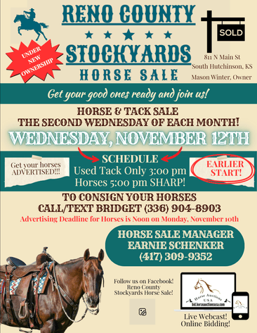 Image for Reno County Stockyards Horse Sale WEDNESDAY, NOVEMBER 12TH - South Hutchinson, KS