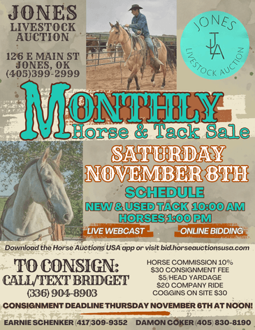 Image for Jones Livestock Auction HORSE & TACK SALE!   SATURDAY, NOVEMBER 8TH!