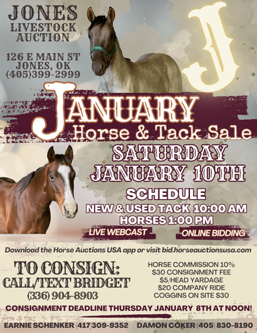 Image for Jones Livestock Auction HORSE & TACK SALE!   SATURDAY, JANUARY 10TH
