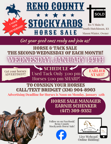 Image for Reno County Stockyards Horse Sale WEDNESDAY, JANUARY 14TH - South Hutchinson, KS