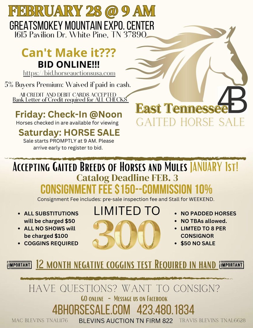 Image for East Tennessee 4B Gaited Horse Sale  White Pine, Tennessee - February 28th